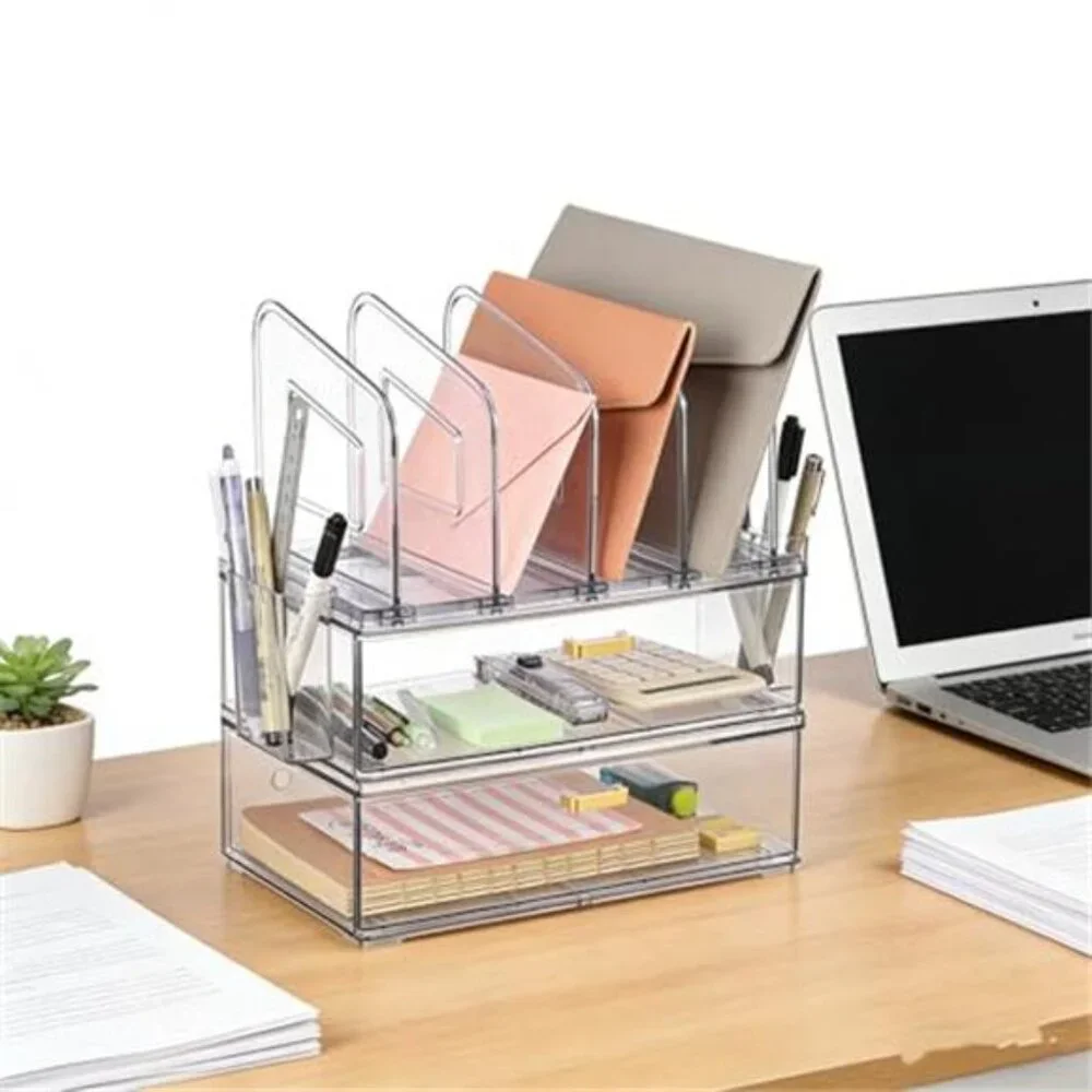 Acrylic Desk Organizer Clear Drawer File Holder Pen Storage Office Supplies Set